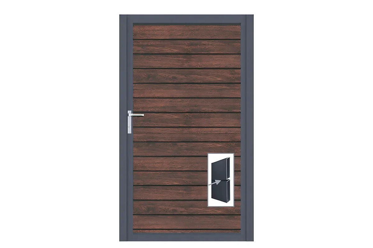 Alu-Gartentor swing mit Rhombusprofil-Füllung pure 100 in Holzdekor Dark Oak, freigestellt