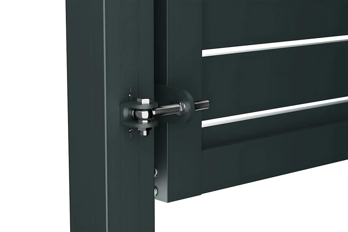 Detail: Scharnier des Alu-Gartentors swing am Torpfosten