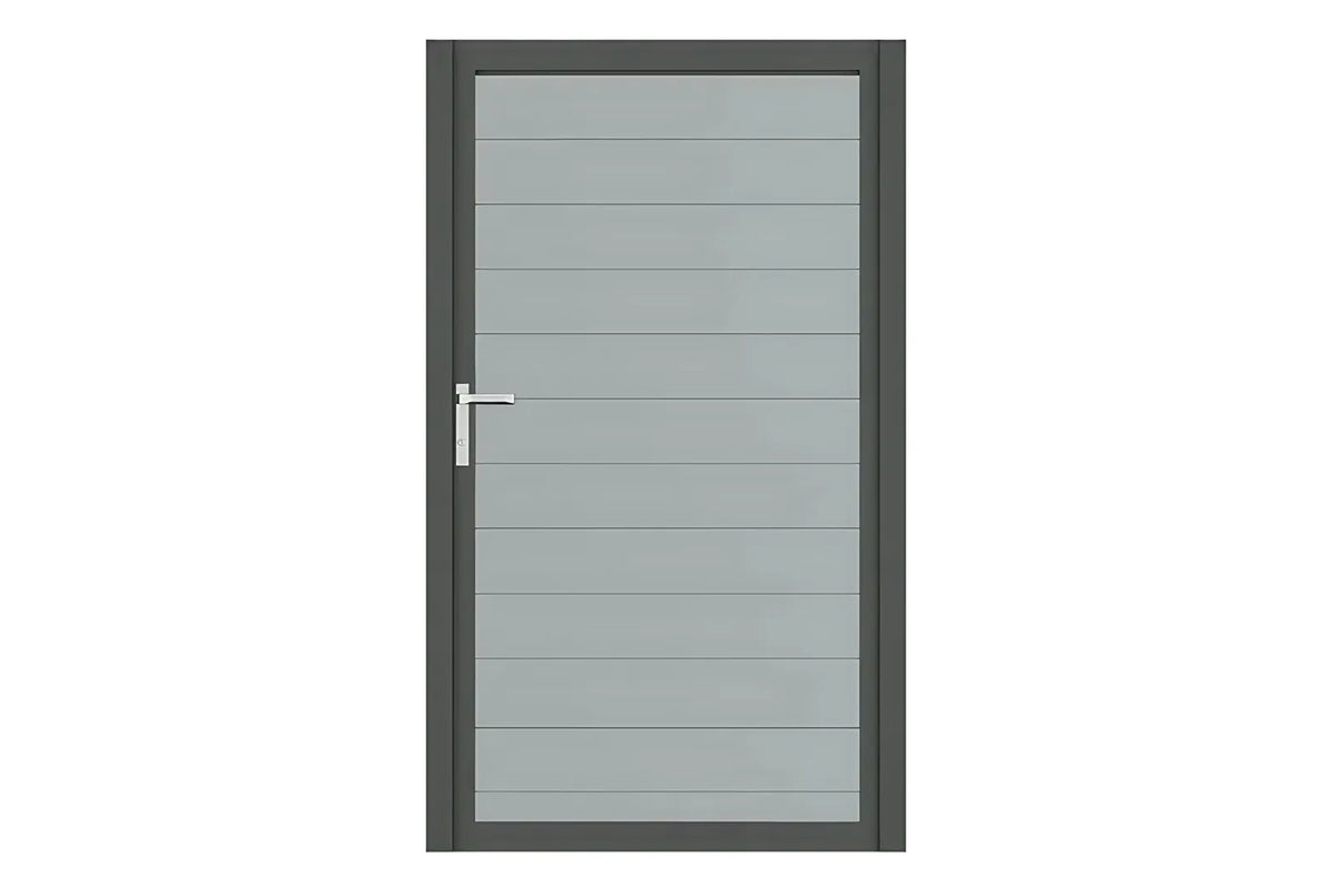 Alu-Gartentor swing mit Füllung snap 140 in Fenstergrau RAL 7040, freigestellt