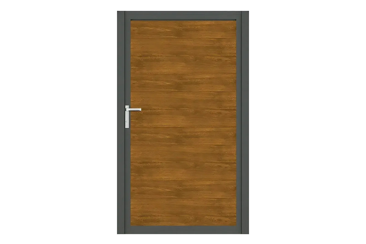 Alu-Gartentor swing mit Füllung snap 140 in Holzoptik Light Oak und anthrazitfarbenem Rahmen, freigestellt