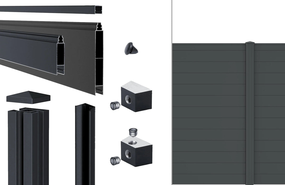 Lieferumfang Alu-Zaun snap 140 in Anthrazit: Klickprofile, Abschlussleiste, Alu-Pfosten 72/72 mm, Pfostenkappe und Nutensteine
