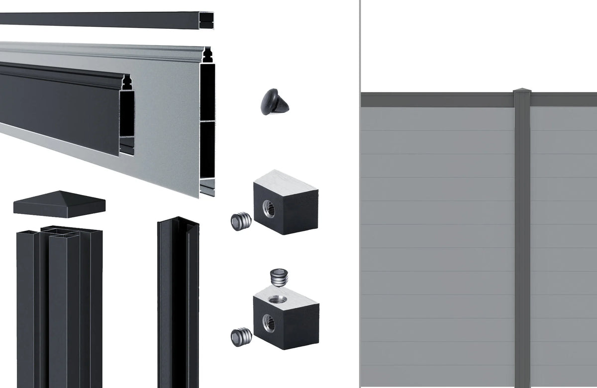 Lieferumfang Alu-Zaun snap 140 in Fenstergrau RAL 7040: Klickprofile, Abschlussleiste, Alu-Pfosten, Pfostenkappe und Nutensteine