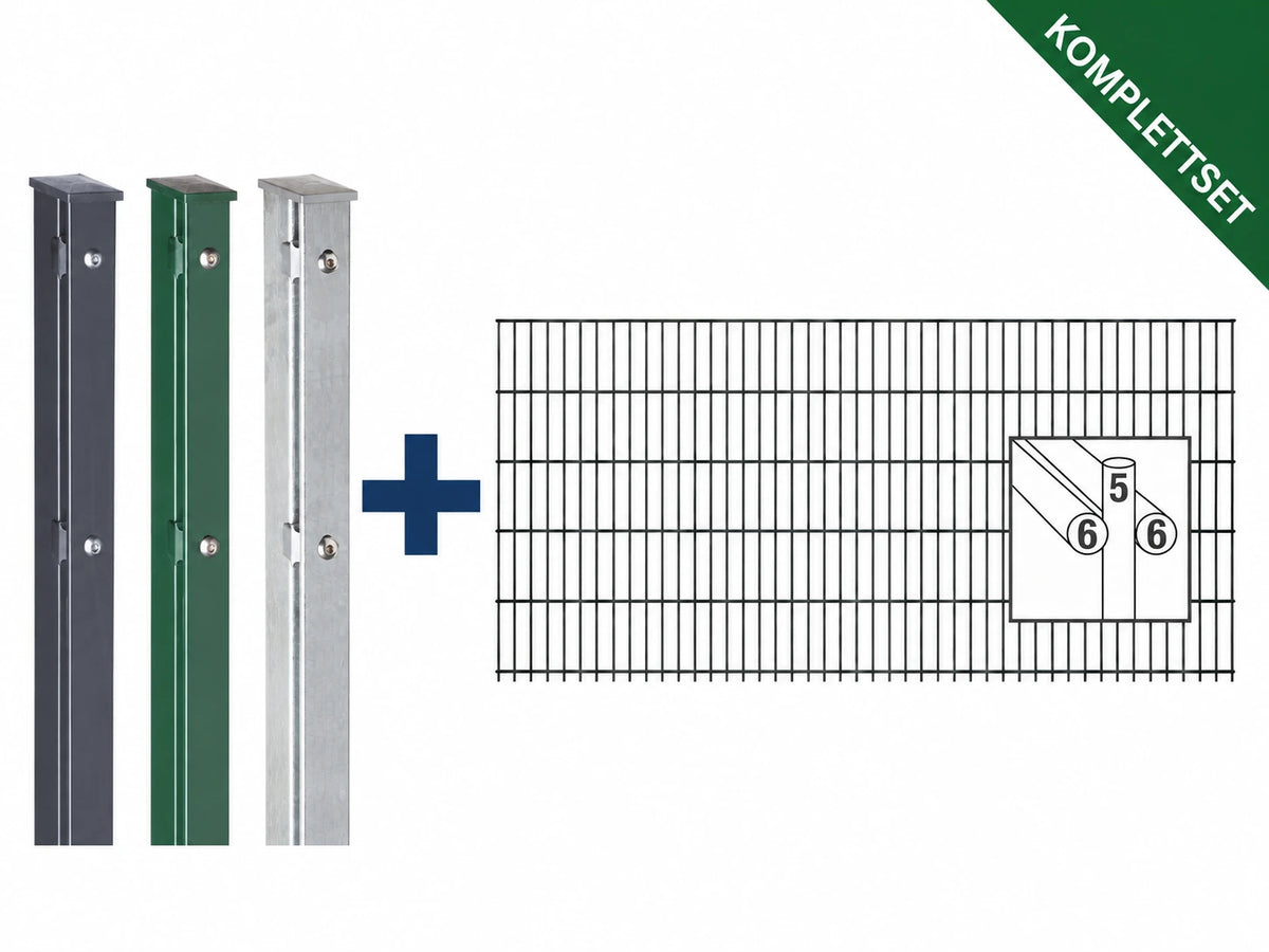 Doppelstabmattenzaun Komplettset 6/5/6: Zaunpfosten in Anthrazit, Moosgrün und feuerverzinkt plus Doppelstabmatte mit 6/5/6 mm Drahtstärke