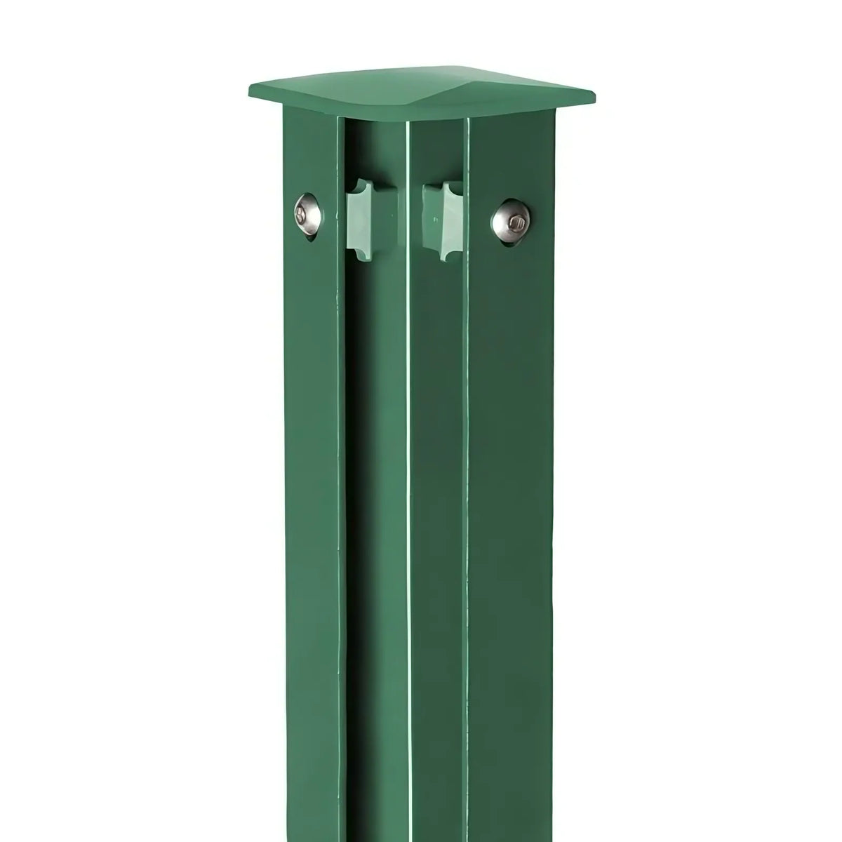 Eckpfosten 60x60 mm in Moosgrün RAL 6005 mit durchgehender Abdeckleiste, freigestellt