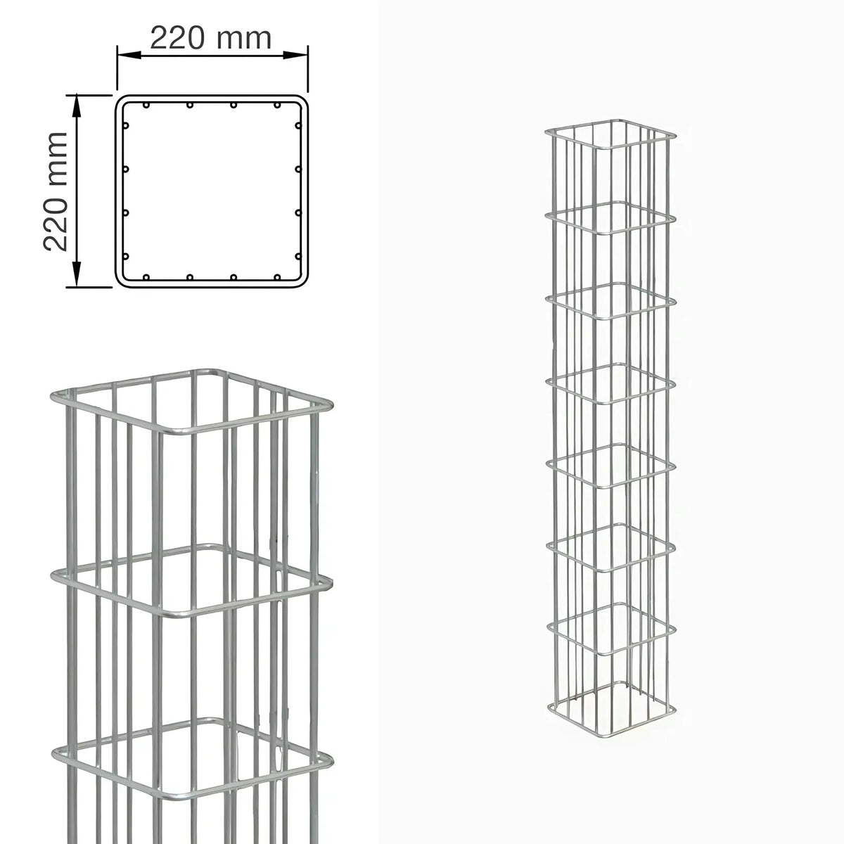 Gabionensäule RUBIN 22x22 cm: Querschnitt mit Maßangabe und Ansicht der Säule