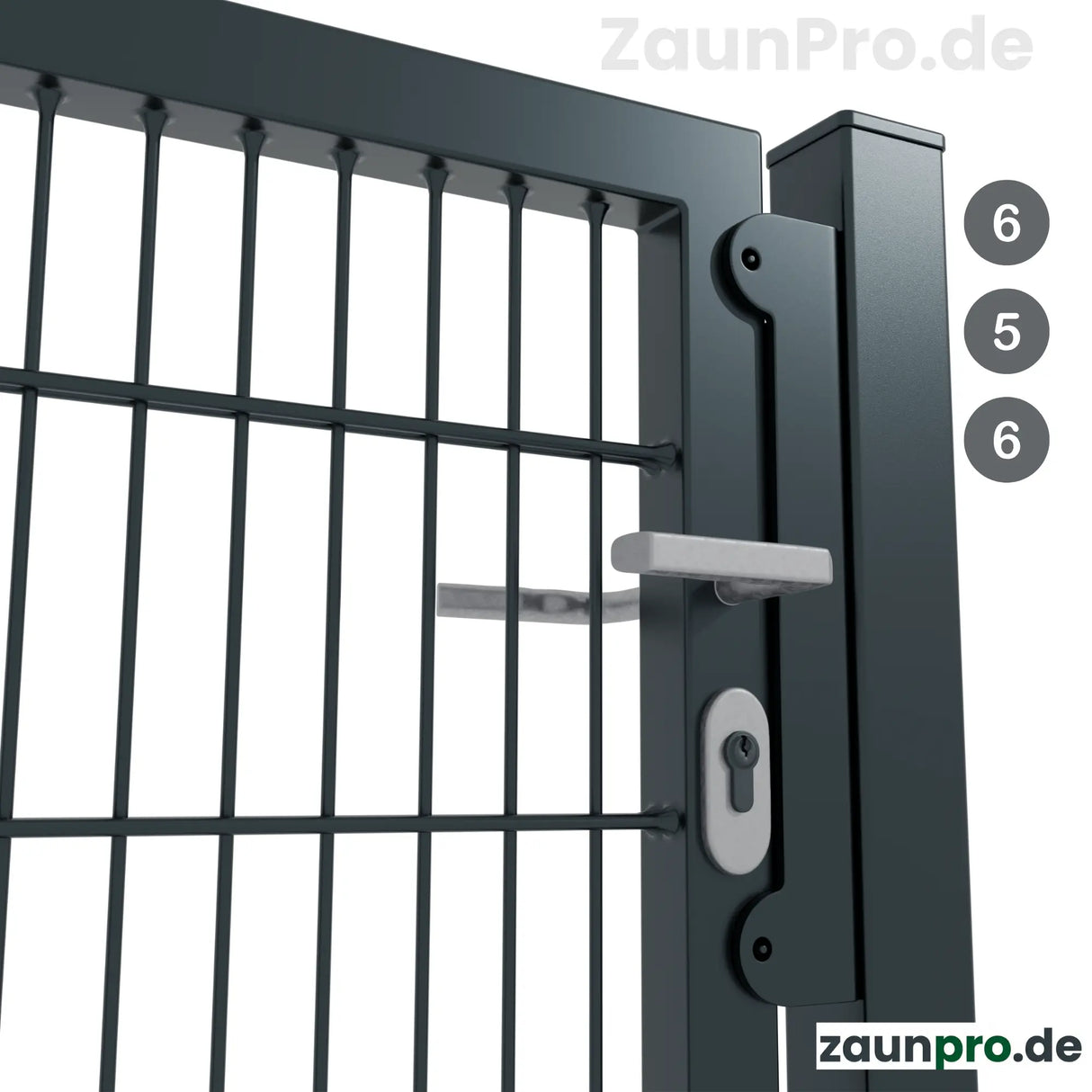 Gartentor 6/5/6 Anthrazit RAL 7016 – Detailansicht Türdrücker und Profilzylinder-Schloss, stabiles Metallgartentor