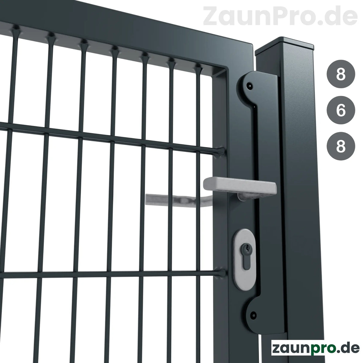 Gartentor 8/6/8 Anthrazit RAL 7016 – Detailansicht Türdrücker und Profilzylinder-Schloss, stabiles Metallgartentor