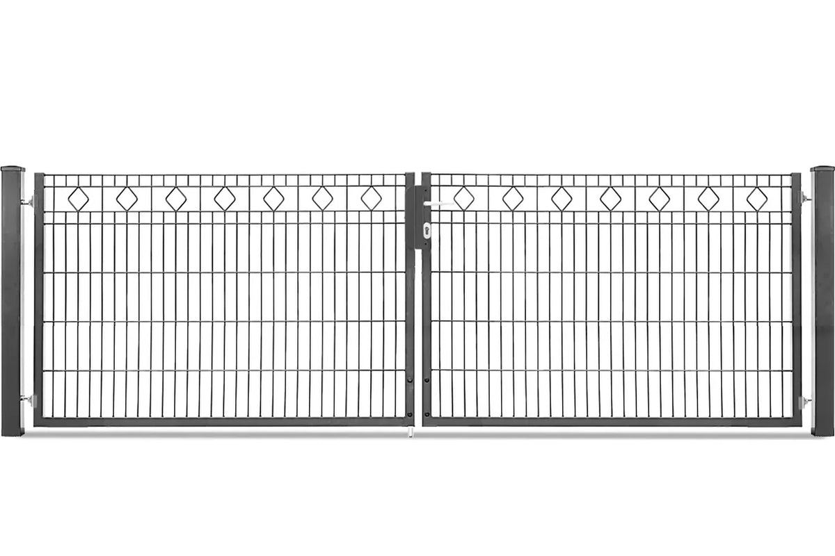 Zweiflügeliges Gartentor Barcelona mit Rautenornamenten in Anthrazit RAL 7016, Torhöhe 103 cm, Abbildung mit 328 cm lichter Weite
