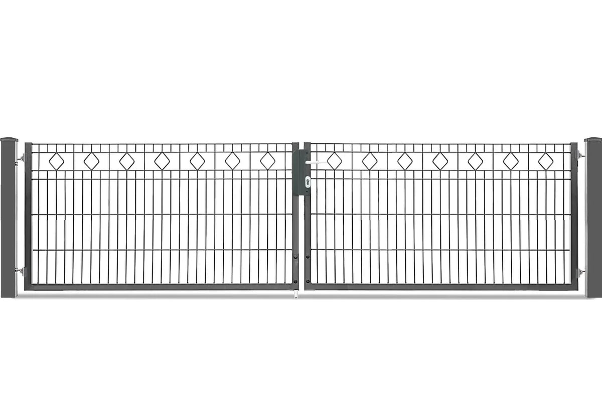 Zweiflügeliges Gartentor Barcelona mit Rautenornamenten in Anthrazit RAL 7016, Torhöhe 83 cm, Abbildung mit 328 cm lichter Weite