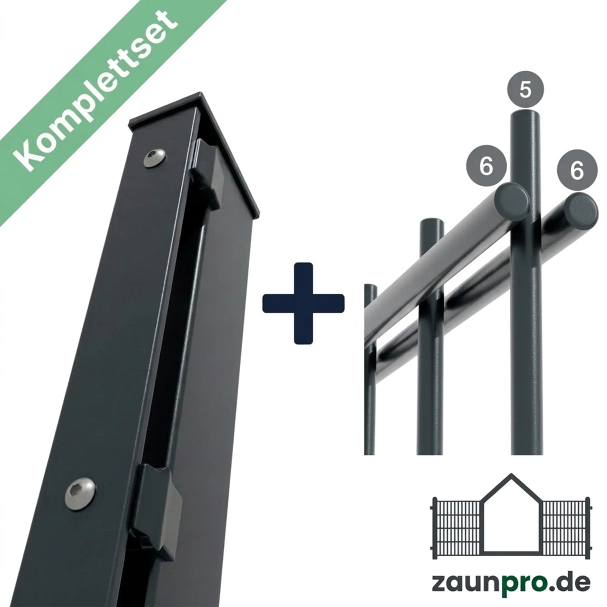 Komplettset Doppelstabmattenzaun 6/5/6 Anthrazit RAL 7016 – Zaunpfosten mit Abdeckleiste und Doppelstabmatten im Set