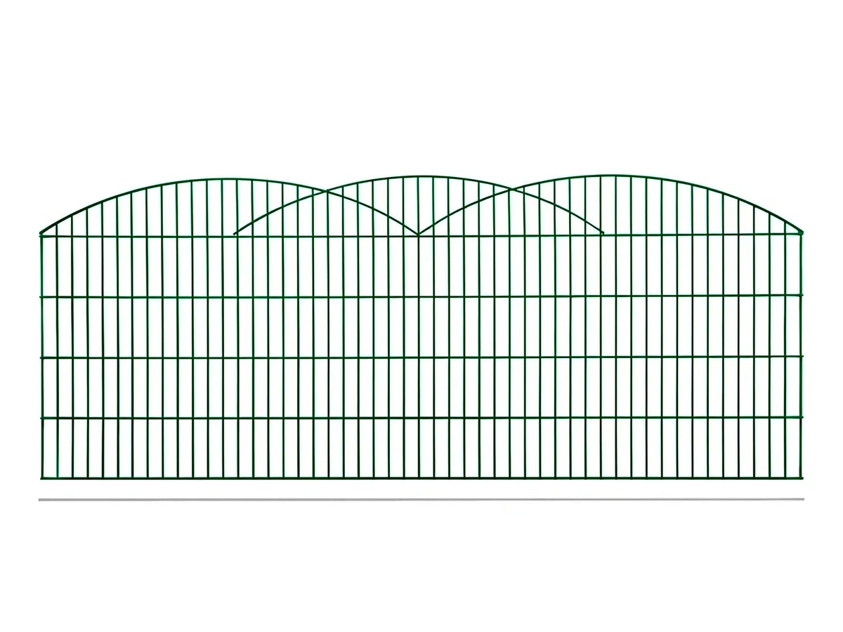 Schmuckzaun Innsbruck mit drei ineinander übergehenden Bögen in Moosgrün RAL 6005, freigestellt, Elementbreite 251 cm