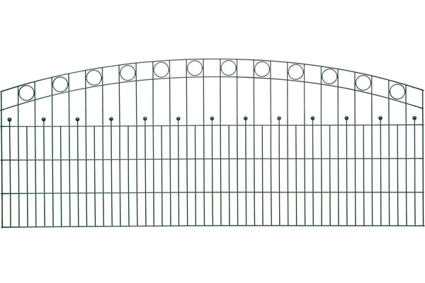 Schmuckzaun Wien aus Metall mit Oberbogen, Kreisornamenten und Zierkugeln in Anthrazit RAL 7016, freigestellt, Elementbreite 251 cm