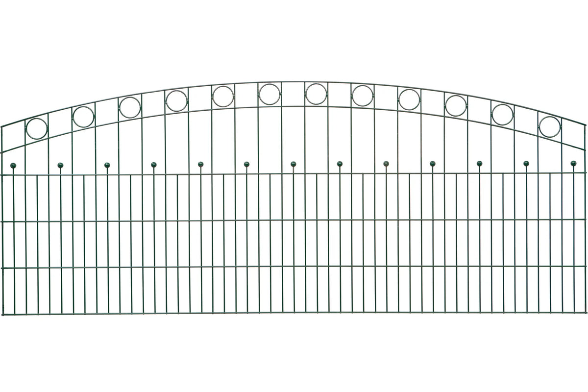 Schmuckzaun Wien aus Metall mit Oberbogen, Kreisornamenten und Zierkugeln in Anthrazit RAL 7016, freigestellt, Elementbreite 251 cm