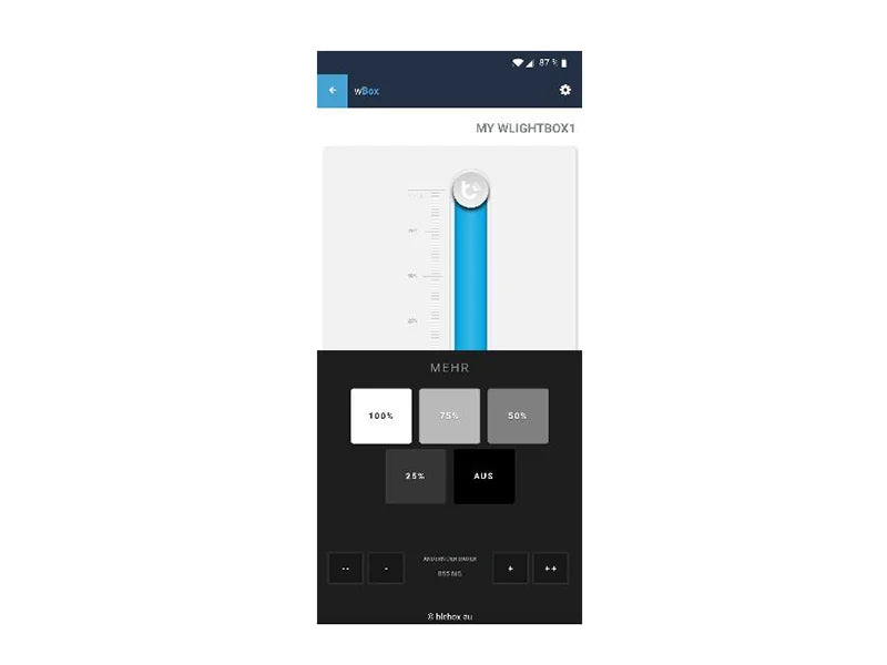 App-Ansicht mit Helligkeitsstufen von 25 bis 100 Prozent und Aus-Taste