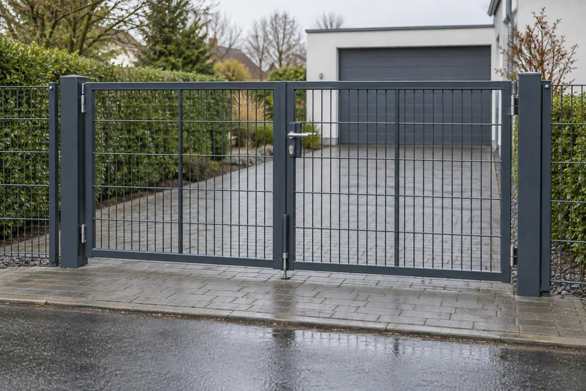 Zweiflügeliges Doppeltor in Anthrazit RAL 7016 an einer Einfahrt mit Bodenriegel zwischen den Flügeln