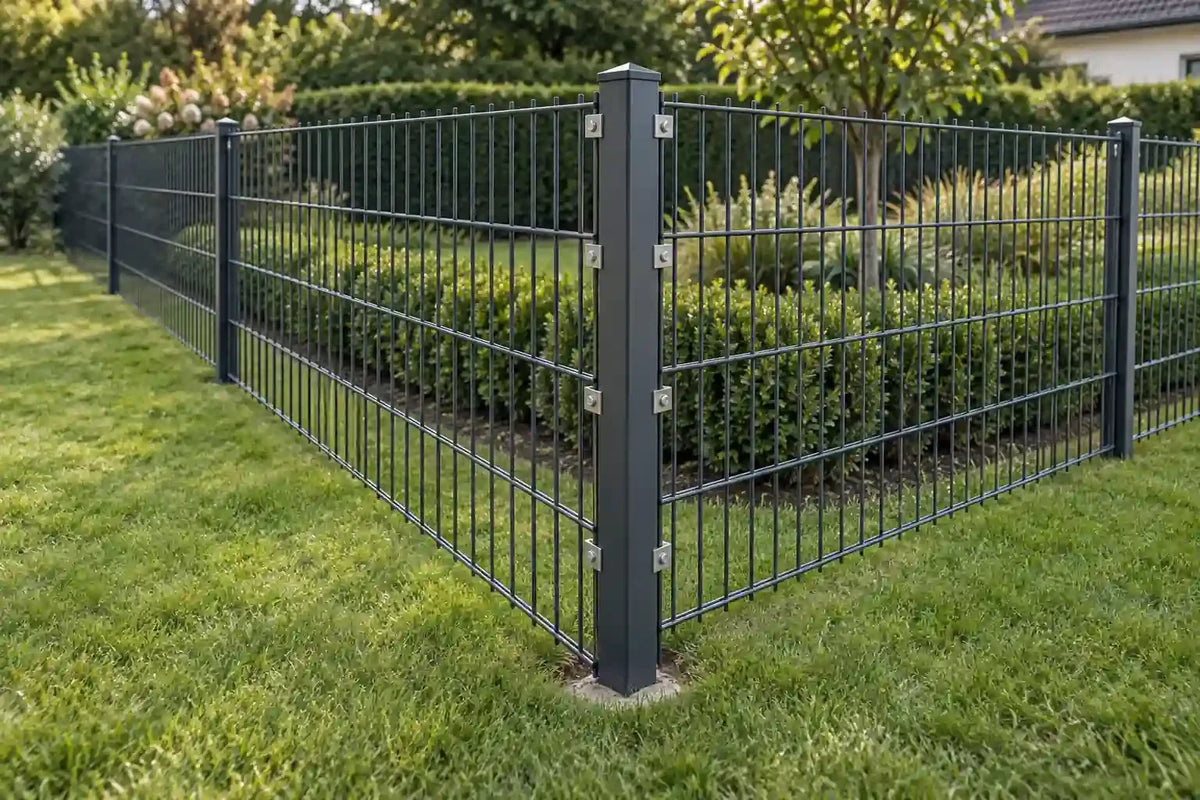 Eck-Zaunpfosten 60x60 mm in Anthrazit RAL 7016 am 90-Grad-Eckpunkt eines Doppelstabmattenzauns