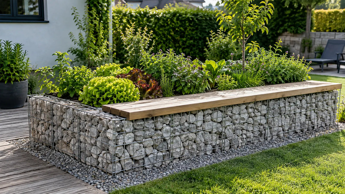 Niedriges Hochbeet aus mit Natursteinen gefüllten Gabionenkörben mit Holzauflage als Sitzbank, bepflanzt mit Salat und Kräutern