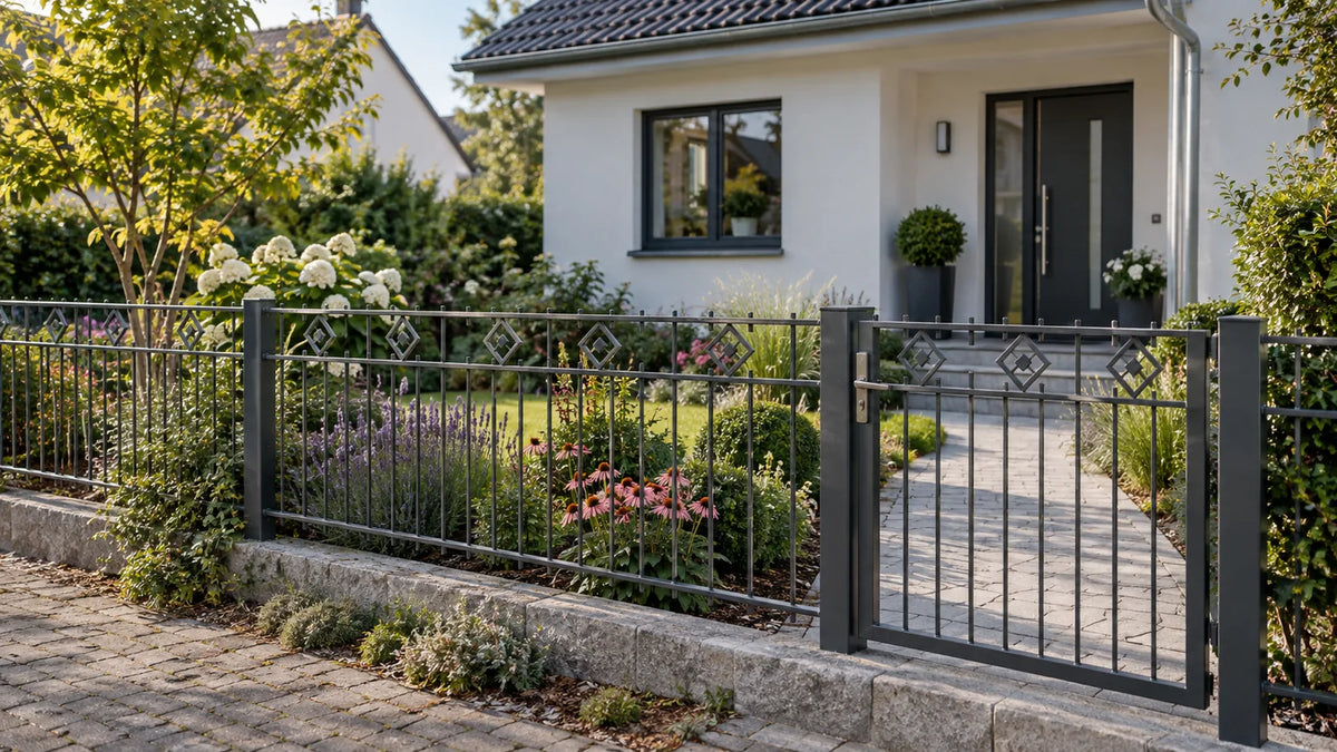 Anthrazitfarbener Vorgartenzaun aus Metall mit Rautenornamenten und passendem Gartentor vor einem Einfamilienhaus