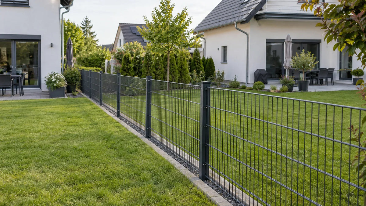 Doppelstabmattenzaun in Anthrazit als Grundstücksgrenze zwischen zwei Gärten mit Einfamilienhäusern