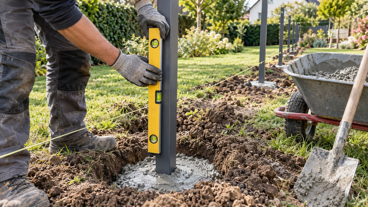 Anthrazitfarbener Zaunpfosten wird im frischen Betonfundament mit der Wasserwaage lotrecht ausgerichtet, daneben Richtschnur, Schubkarre mit Beton und Schaufel