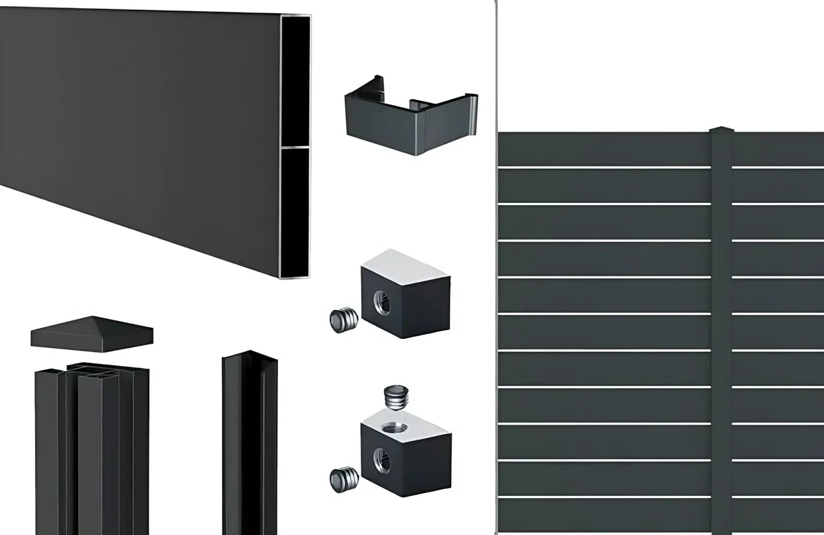 Lieferumfang Alu-Zaun line 150: Aluminiumprofile, Alu-Pfosten 72/72 mm mit Abdeckleiste und Pfostenkappe sowie Nutensteine