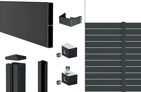 Lieferumfang Alu-Zaun line 150: Aluminiumprofile, Alu-Pfosten 72/72 mm mit Abdeckleiste und Pfostenkappe sowie Nutensteine