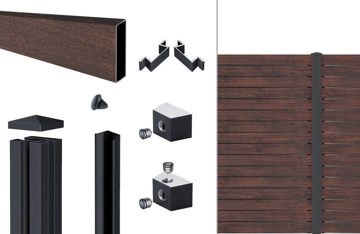Lieferumfang Alu-Zaun pure 100 in Dark Oak: Rhombusprofile, Alu-Pfosten 72/72 mm, Abdeckleiste, Pfostenkappe und Nutensteine