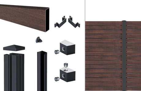 Lieferumfang Alu-Zaun pure 100 in Dark Oak: Rhombusprofile, Alu-Pfosten 72/72 mm, Abdeckleiste, Pfostenkappe und Nutensteine