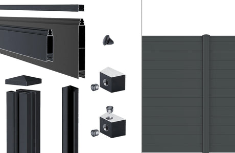Lieferumfang Alu-Zaun snap 140 in Anthrazit: Klickprofile, Abschlussleiste, Alu-Pfosten 72/72 mm, Pfostenkappe und Nutensteine