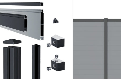 Lieferumfang Alu-Zaun snap 140 in Fenstergrau RAL 7040: Klickprofile, Abschlussleiste, Alu-Pfosten, Pfostenkappe und Nutensteine