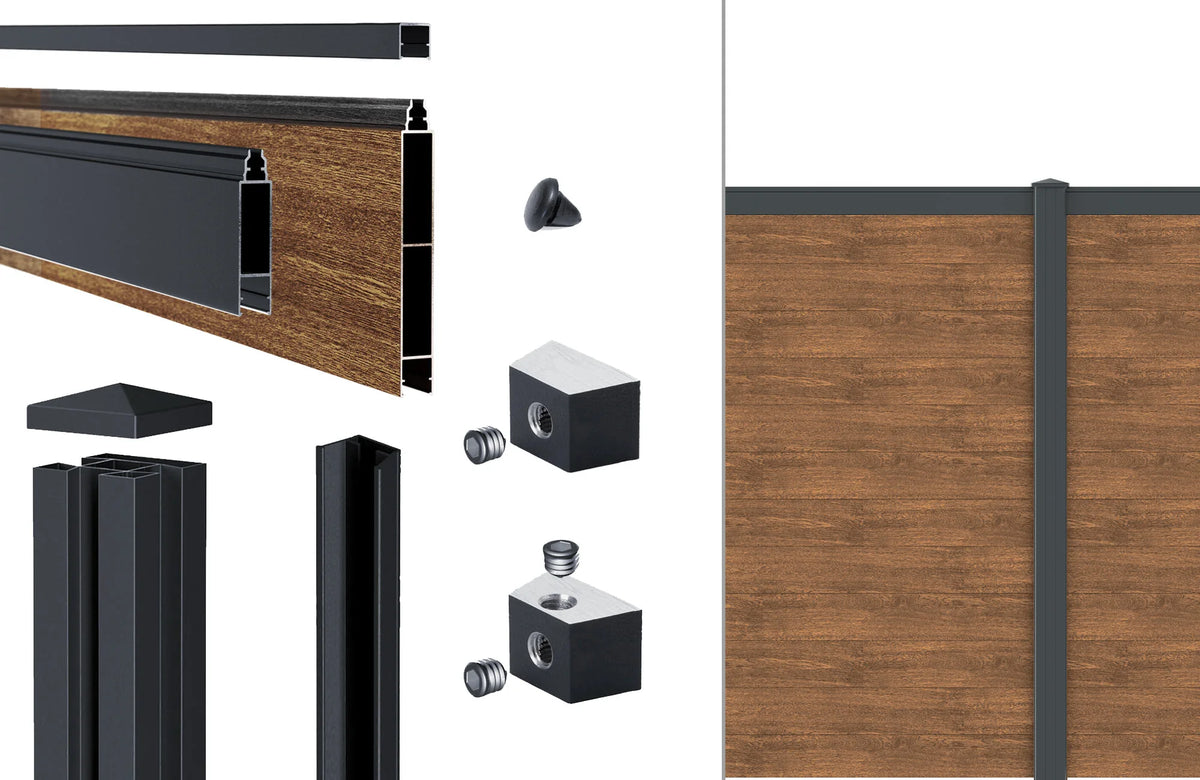Lieferumfang Alu-Zaun snap 140 in Light Oak: Klickprofile, Abschlussleiste, Alu-Pfosten, Pfostenkappe und Nutensteine