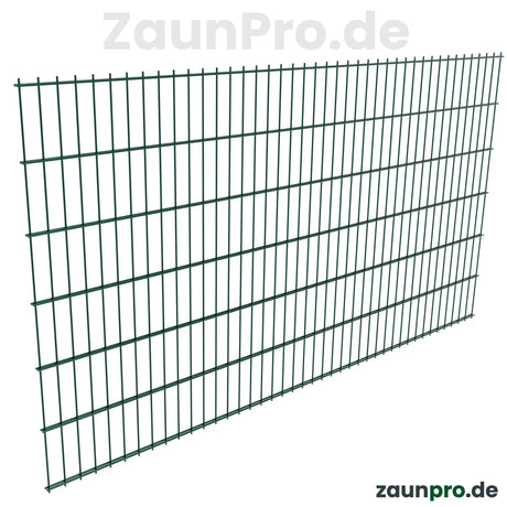 Doppelstabmatte 6/5/6 Moosgrün RAL 6005 – Perspektivansicht Zaunfeld schräg, Drahtstärke 6/5/6 mm, pulverbeschichtet