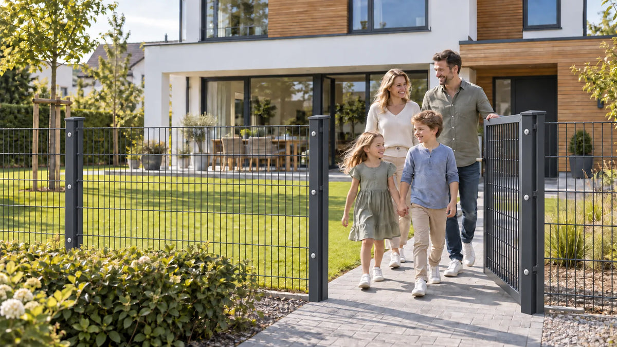 Familie geht durch ein geöffnetes Gartentor in einem anthrazitfarbenen Doppelstabmattenzaun vor einem modernen Einfamilienhaus
