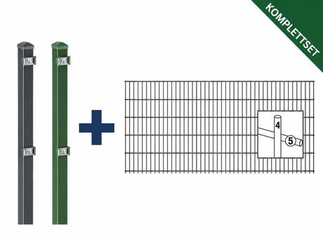 Doppelstabmattenzaun Komplettset 5/4/5: Zaunpfosten in Anthrazit und Moosgrün plus Doppelstabmatte mit 5/4/5 mm Drahtstärke