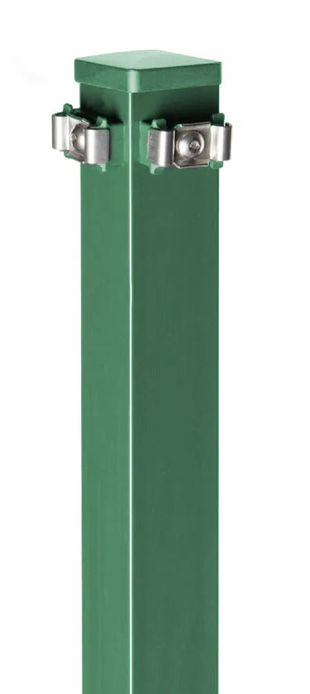 Eckpfosten 60x60 mm in Moosgrün RAL 6005 mit Edelstahl-Plättchen für Doppelstabmatten