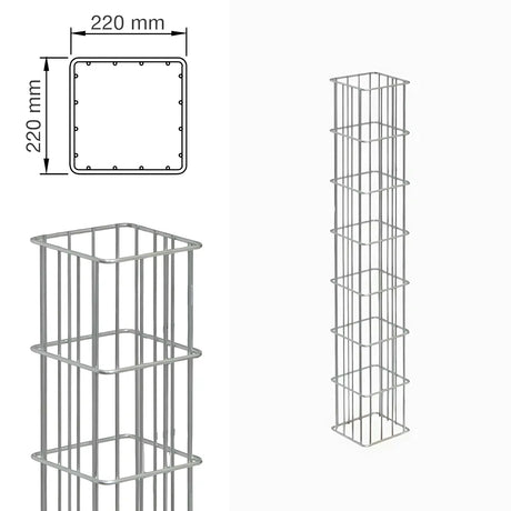 Gabionensäule RUBIN 22x22 cm: Querschnitt mit Maßangabe und Ansicht der Säule