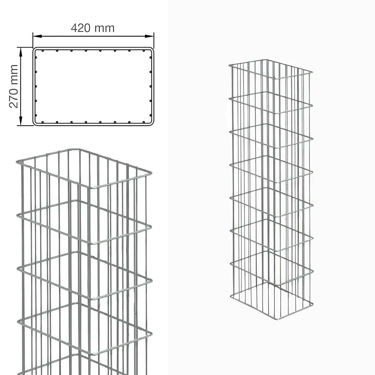 Gabionensäule RUBIN 42x27 cm: Querschnitt mit Maßangabe und Ansicht der Säule