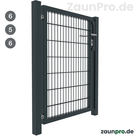 Gartentor 6/5/6 Anthrazit RAL 7016 – Perspektivansicht geöffnet, einflügeliges Metalltor mit Torpfosten
