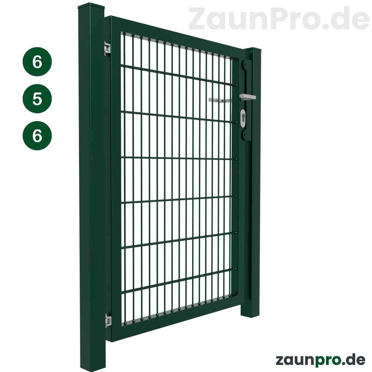 Gartentor 6/5/6 Moosgrün RAL 6005 – Perspektivansicht geöffnet, einflügeliges Metalltor mit Torpfosten