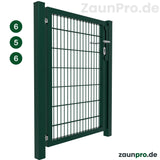 Gartentor 6/5/6 Moosgrün RAL 6005 – Perspektivansicht geöffnet, einflügeliges Metalltor mit Torpfosten