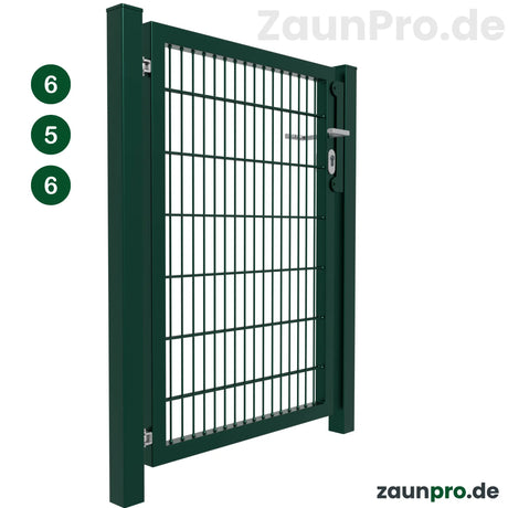 Gartentor 6/5/6 Moosgrün RAL 6005 – Perspektivansicht geöffnet, einflügeliges Metalltor mit Torpfosten