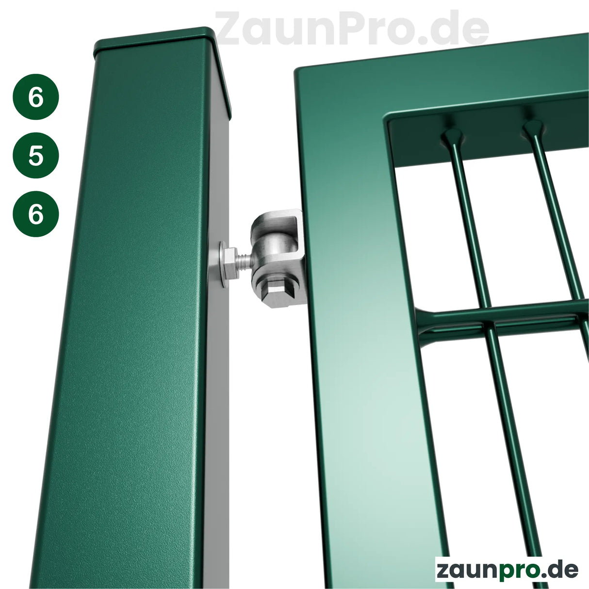 Gartentor 6/5/6 Moosgrün RAL 6005 – Detailansicht Scharnier und Rahmen-Gitter-Verbindung, Drahtstärke 6/5/6 mm