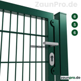 Gartentor 6/5/6 Moosgrün RAL 6005 – Detailansicht Türdrücker und Profilzylinder-Schloss, stabiles Metallgartentor