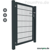 Gartentor 8/6/8 Anthrazit RAL 7016 – Perspektivansicht geöffnet, einflügeliges Metalltor mit Zaunpfosten