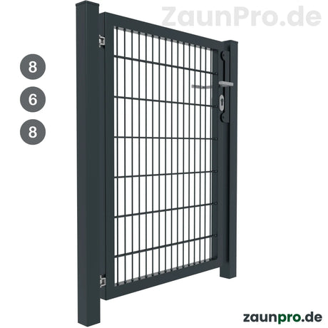 Gartentor 8/6/8 Anthrazit RAL 7016 – Perspektivansicht geöffnet, einflügeliges Metalltor mit Zaunpfosten