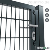 Gartentor 8/6/8 Anthrazit RAL 7016 – Detailansicht Türdrücker und Profilzylinder-Schloss, stabiles Metallgartentor