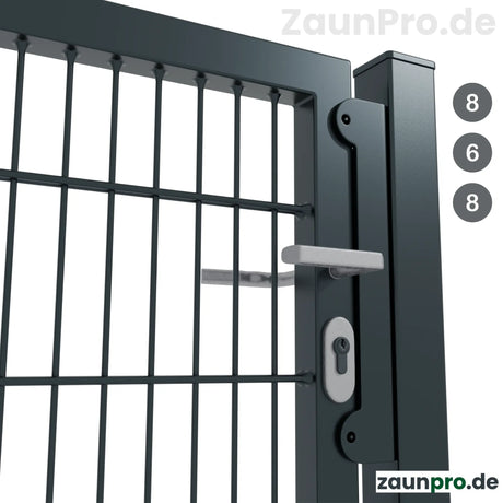 Gartentor 8/6/8 Anthrazit RAL 7016 – Detailansicht Türdrücker und Profilzylinder-Schloss, stabiles Metallgartentor