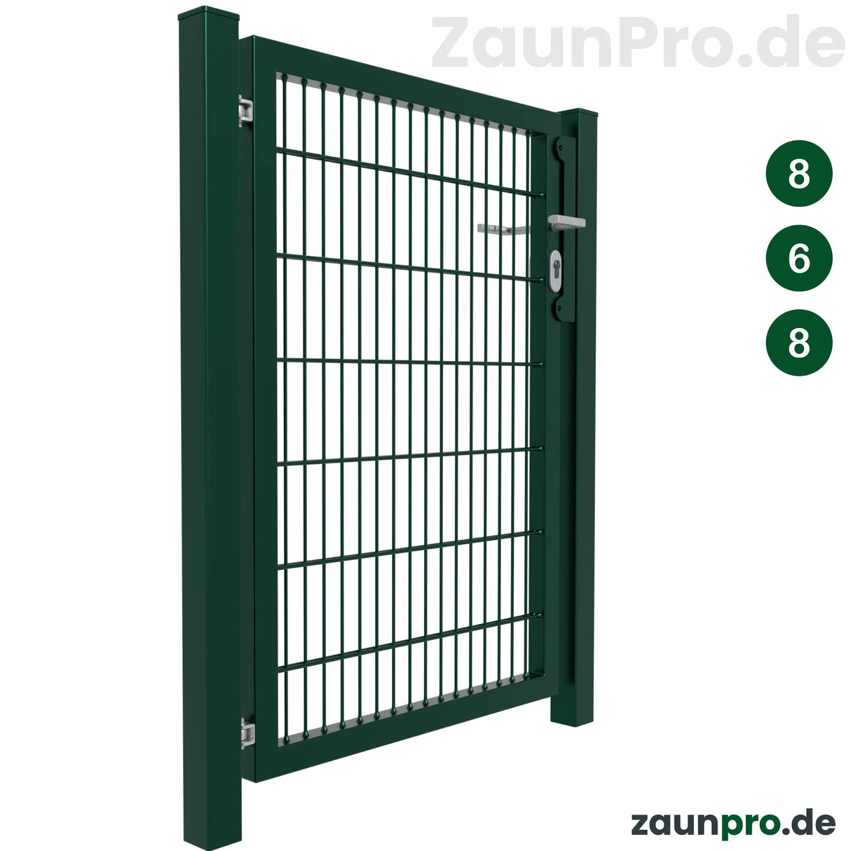 Gartentor 8/6/8 Anthrazit RAL 7016 – Perspektivansicht geöffnet, einflügeliges Metalltor mit Zaunpfosten