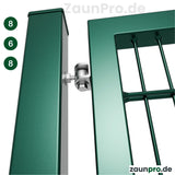 Gartentor 8/6/8 Moosgrün RAL 6005 – Detailansicht Scharnier und Rahmen-Gitter-Verbindung, Drahtstärke 8/6/8 mm