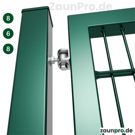 Gartentor 8/6/8 Moosgrün RAL 6005 – Detailansicht Scharnier und Rahmen-Gitter-Verbindung, Drahtstärke 8/6/8 mm